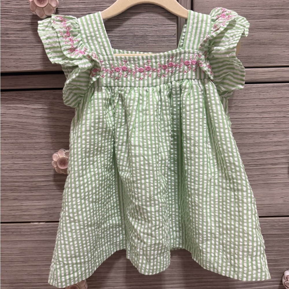 Green Seersucker Top with Pink Embroidery